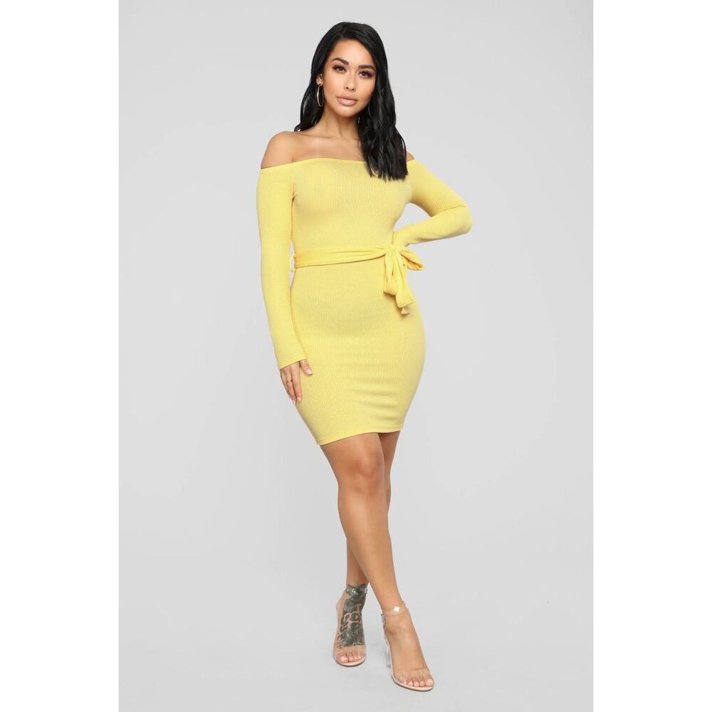 Fashion Nova - Yellow Off Shoulder Rib Knit Tie Waist Sweater Dress - Sz M